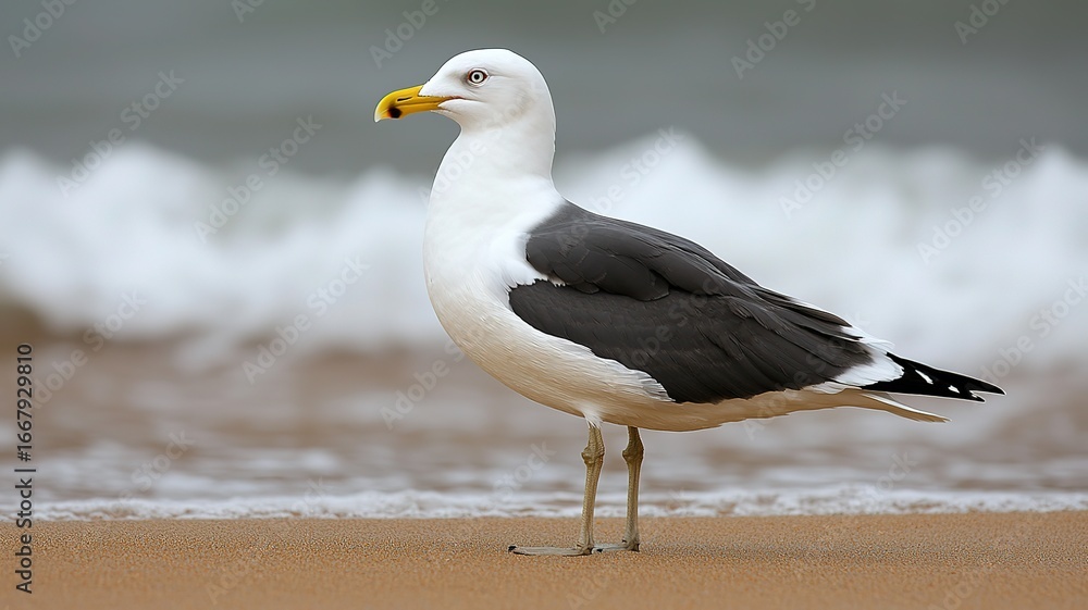 Fototapeta premium American Black-Backed Gull on Beach, Side View, White Feathers Dark Gray Body Yellow Beak Shallow DOF 