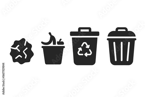 Waste management icons lineup, litter and trash cans solid vector set for eco-friendly solutions, recycling, and sustainable waste disposal, cartoon style illustration