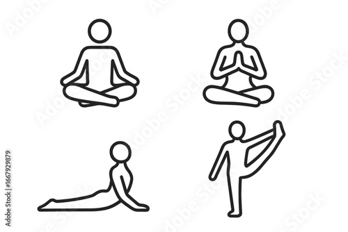 Yoga poses outline icon set with meditation, fitness, relaxation, stretching, mindfulness, calmness, wellness, and balance in minimalist line art style, vector cartoon illustration