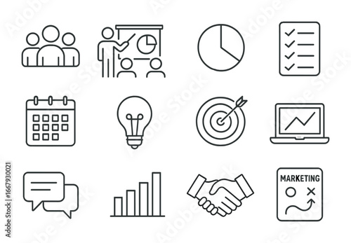 Team Collaboration Icons. Outline icon set of professional team working on marketing strategies: group