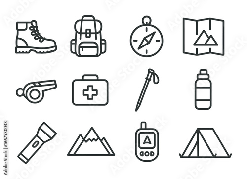 Hiking Safety Icons. Outline icon set of hiking and trekking safety: hiking boots, backpack, compass, map,