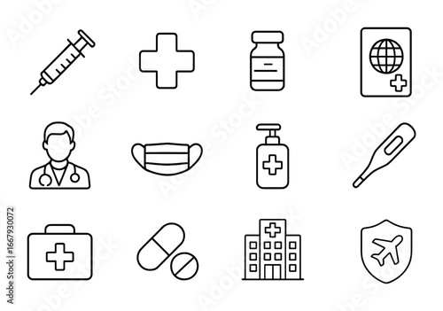 Health Icons Grid. Outline icon set of health and vaccination tips: syringe, medical cross, vaccine vial,