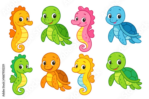 Cute turtle and seahorse cartoon characters set. Colorful sea animals collection. Vector illustration of baby ocean life for kids. Underwater aquatic pets for nursery decor.