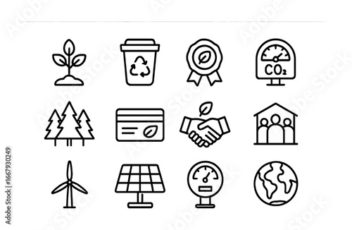 Carbon Offset Icon Set. Outline icon set of carbon offset programs: tree planting, recycling bin, green badge,