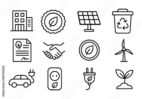 Net-Zero Icons Collection. Outline icon set of net-zero corporate initiatives: office building, carbon neutral