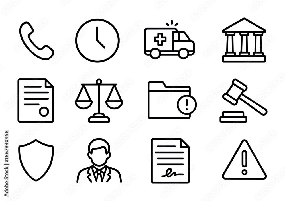 Fototapeta premium Emergency Legal Icons. Outline icon set of emergency legal teamwork: phone, clock, ambulance, courthouse,