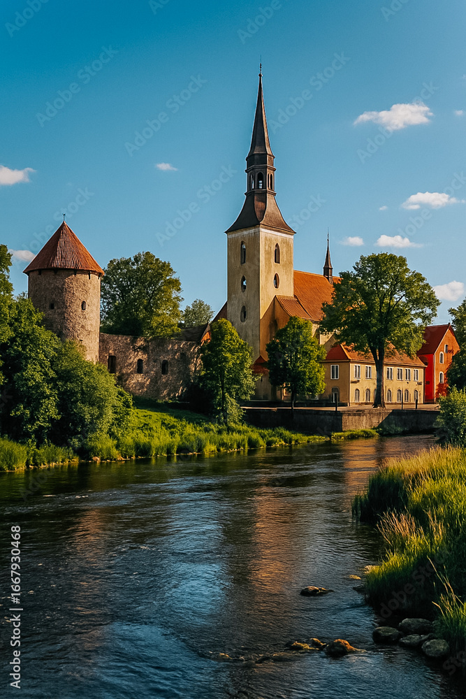 Naklejka premium A picturesque view of a historic European church and medieval tower reflected in a calm river, surrounded by greenery under a clear blue sky.