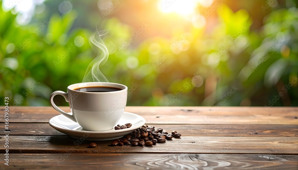 Obraz premium Morning Coffee, Warm Sun, Fresh Brew, Outdoor Relaxation