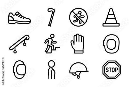 Bone Healing Precautions Icons. Outline icon set of everyday precautions for bone healing: supportive shoes,