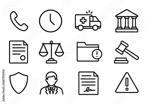 Emergency Legal Icons. Outline icon set of emergency legal teamwork: phone, clock, ambulance, courthouse,