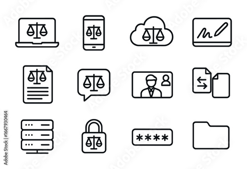 Digital Legal Icon Set. Outline icon set of digital legal teamwork: laptop, smartphone, cloud storage, digital