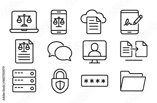 Digital Legal Icon Set. Outline icon set of digital legal teamwork: laptop, smartphone, cloud storage, digital