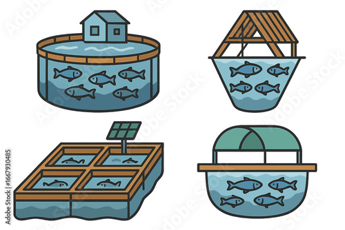 Innovative aquaculture systems vector icon set. Modern fish farming technology, including tank, cage culture, raceway. Concepts for sustainable seafood production, fishery, ecology.