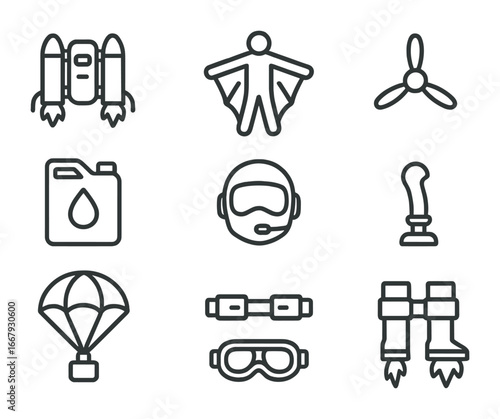 Personal Flight Icons. Outline icon set of jetpacks and personal flyers: jetpack, wingsuit, propeller, fuel