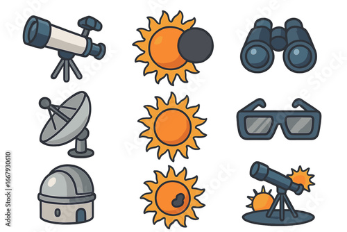 Astronomy icons set for space exploration and science. Vector collection with telescope, solar eclipse, observatory, satellite dish, sunspots, and binoculars for research.
