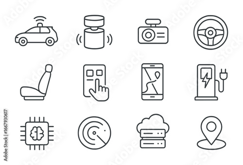 Robotic Taxi Icons. Outline icon set of robotic taxis: autonomous car, lidar, sensor camera, steering wheel,