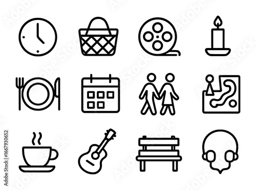 Quality Time Icons. Outline icon set of quality time: clock, picnic basket, movie reel, candle, dinner plate,