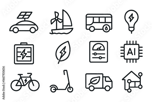 Renewable Vehicle Icons. Outline icon set of renewable-powered vehicles: solar car, wind-powered boat,