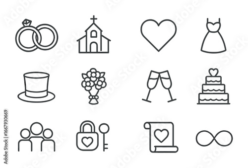 Marriage Commitment Icons. Outline icon set of marriage and commitment: wedding rings, chapel, heart, wedding
