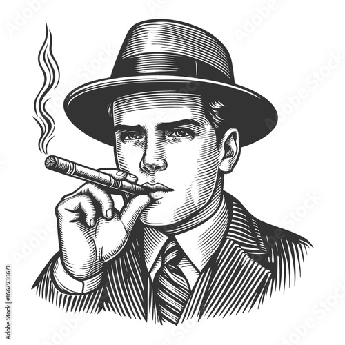 man in a suit and fedora hat smoking a cigar, symbolizing confidence and power sketch engraving generative ai fictional character vector illustration. Scratch board imitation. Black and white image.