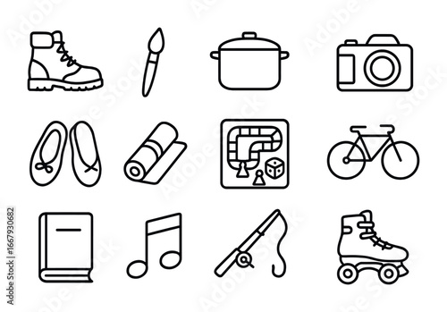 Couple's Hobbies Icons. Outline icon set of couple hobbies: hiking boots, paintbrush, cooking pot, camera,
