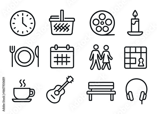 Quality Time Icons. Outline icon set of quality time: clock, picnic basket, movie reel, candle, dinner plate,