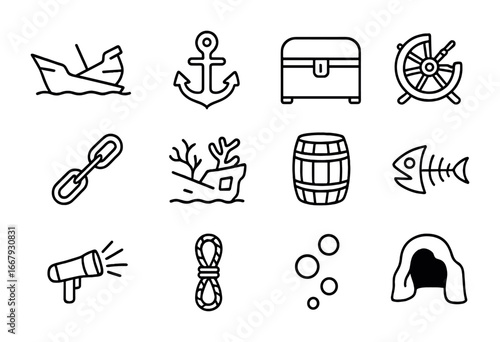Shipwreck Diving Icons. Outline icon set of shipwreck diving: sunken ship, anchor, treasure chest, broken
