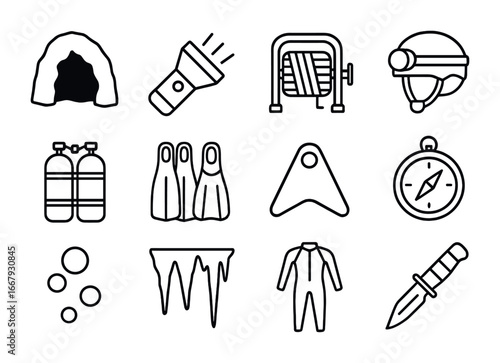 Cave Diving Essentials. Outline icon set of cave diving: cave entrance, flashlight, rope reel, helmet, oxygen