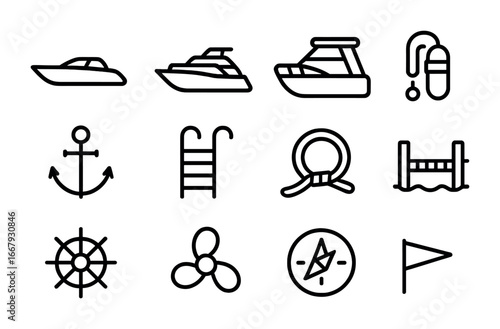 Scuba Transport Icon Set. Outline icon set of scuba boats and transport: speedboat, yacht, diving platform,