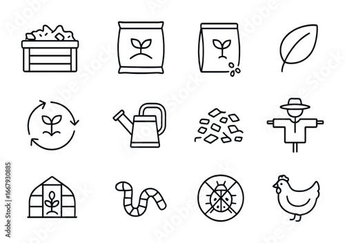 Organic Farming Icons. Outline icon set of organic farming: compost, manure bag, organic seed packet, eco leaf
