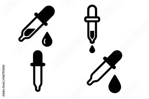 Dropper icon set with liquid drop. Pipette vector collection for medicine, cosmetic serum, or science lab. Tincture, essential oil, or chemical research symbol. Isolated.