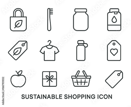 Sustainable Shopping Icons. Outline icon set of sustainable shopping: eco tote bag, bamboo toothbrush, glass