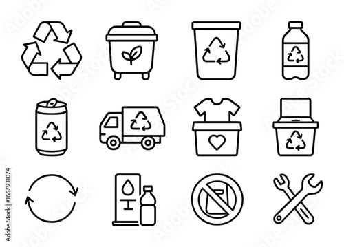 Recycling Icons Grid. Outline icon set of recycling and reusing: recycling arrows, compost bin, paper