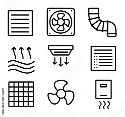 Kitchen Ventilation Icons. Outline icon set of kitchen ventilation: air vent, exhaust fan, ducting pipe,
