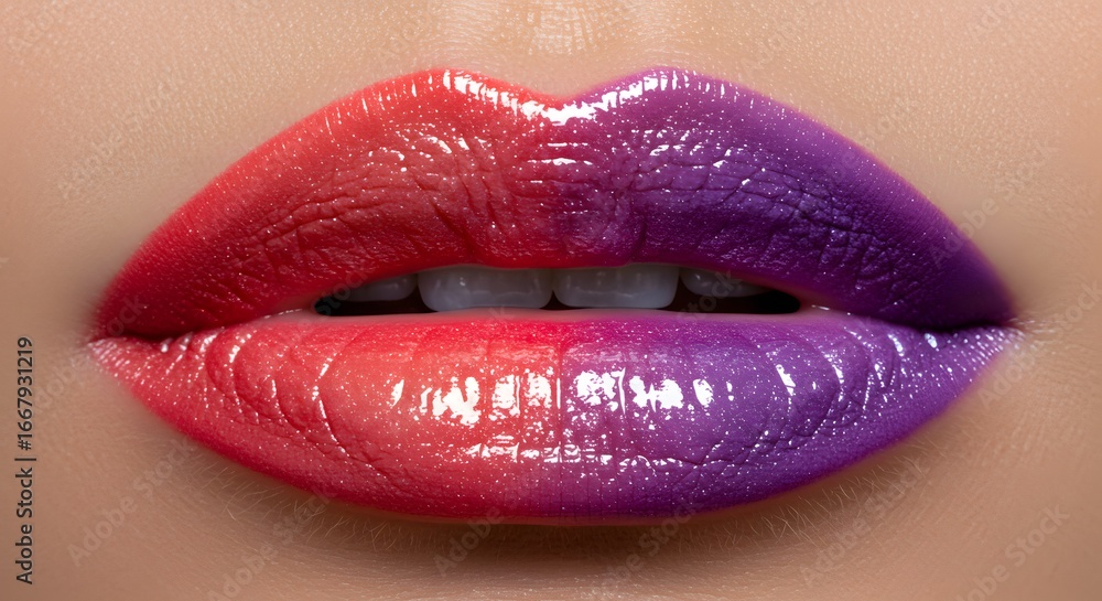 Obraz premium Vibrant lips with gradient lipstick and glossy shine for beauty concept