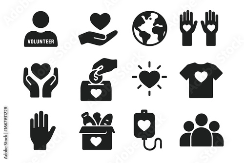 Charity and donation solid icon set. Volunteer community, fundraising and humanitarian aid concept. Blood and food donation, helping hand, support, love and care vector icons.
