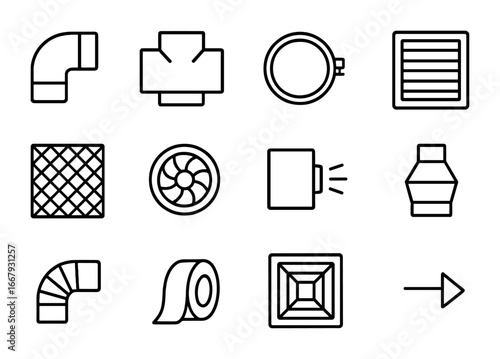 Ductwork Icon Set. Outline icon set of ducting and ventilation parts: duct elbow, T-joint, duct clamp, vent