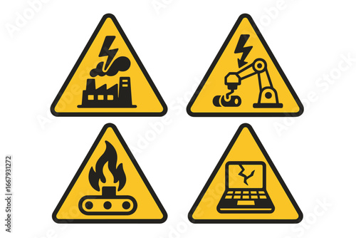 Industrial malfunction warning signs set. Factory and manufacturing hazard symbols. Workplace safety, technology failure icons. Power outage, robot arm, conveyor fire, broken laptop.