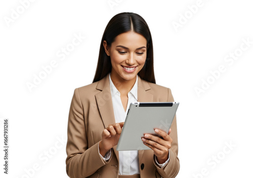 Photo of smiling young businesswoman using tablet isolated on transparent background