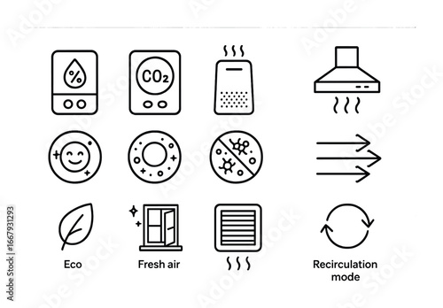 Air Quality Icon Set. Outline icon set of household air quality: humidity meter, CO2 sensor, air purifier,