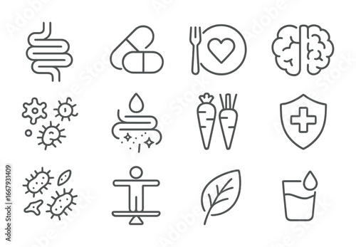 Gut Health Icons. Outline icon set of gut health: intestine, probiotic capsule, healthy diet plate, microbiota