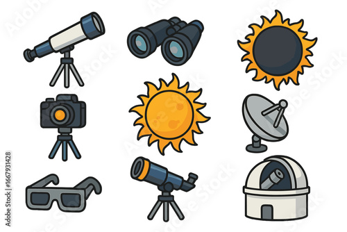 Astronomy icon set for observing celestial events. Vector collection with telescope, binoculars, camera, solar eclipse, sun, and observatory. Science and space exploration symbols.