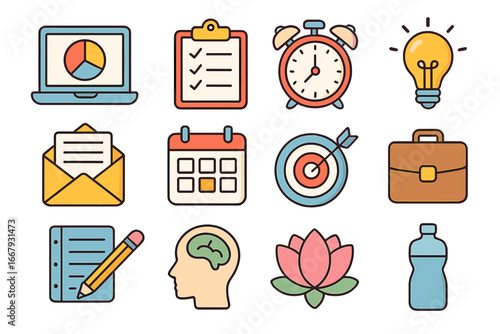 Colorful icon set for business productivity, time management, and wellness. Vector symbols of work-life balance, goal setting, idea, health. Cartoon line art illustration.