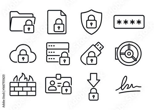 Data Protection Icons. Outline icon set of data protection: encrypted folder, lock file, shield icon, password