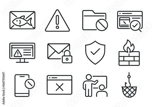 Phishing Prevention Icons. Outline icon set of phishing prevention: suspicious email, alert triangle, spam