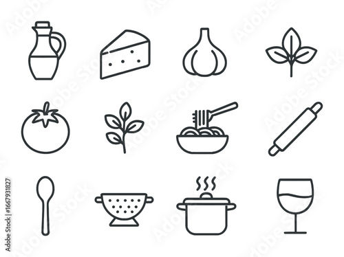 Italian Cuisine Icons. Outline icon set of Italian cuisine essentials: olive oil bottle, parmesan cheese,