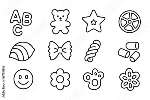 Fun Pasta Shapes. Outline icon set of pasta shapes for kids: alphabet pasta, animal shapes, star pasta, wheels