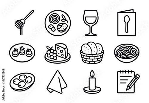 Pasta Tasting Icons. Outline icon set of pasta tasting events: tasting fork, pasta sampler plate, wine glass,