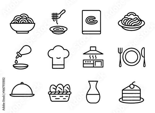 Pasta Menu Icons. Outline icon set of pasta restaurant menu: pasta bowl, fork icon, menu cover, pasta dish