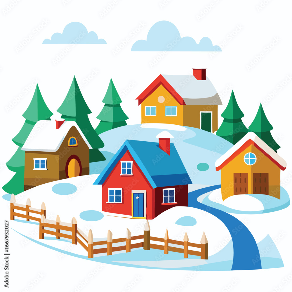 Naklejka premium Small Village With Snow Covered Fences